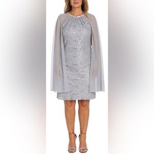 R & M Richards Women's Sequinned Lace Dress With Chiffon Cape Size 6 NWT $128